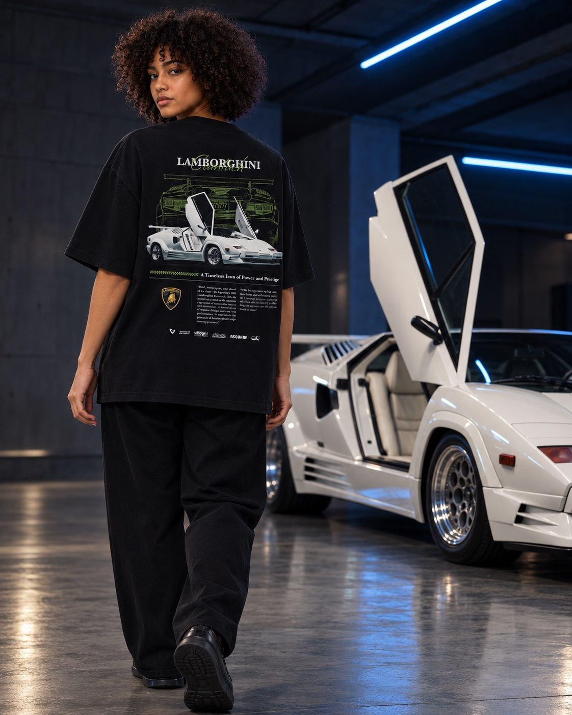 Female model wearing the Countach tee with a white scissor-door sports car — AI styling preview