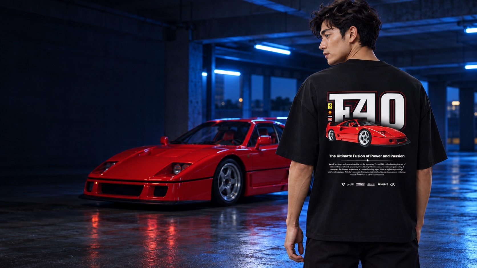 Male model wearing the black F40 graphic tee beside a red wedge-shaped sports car in a blue-lit garage — AI styling preview